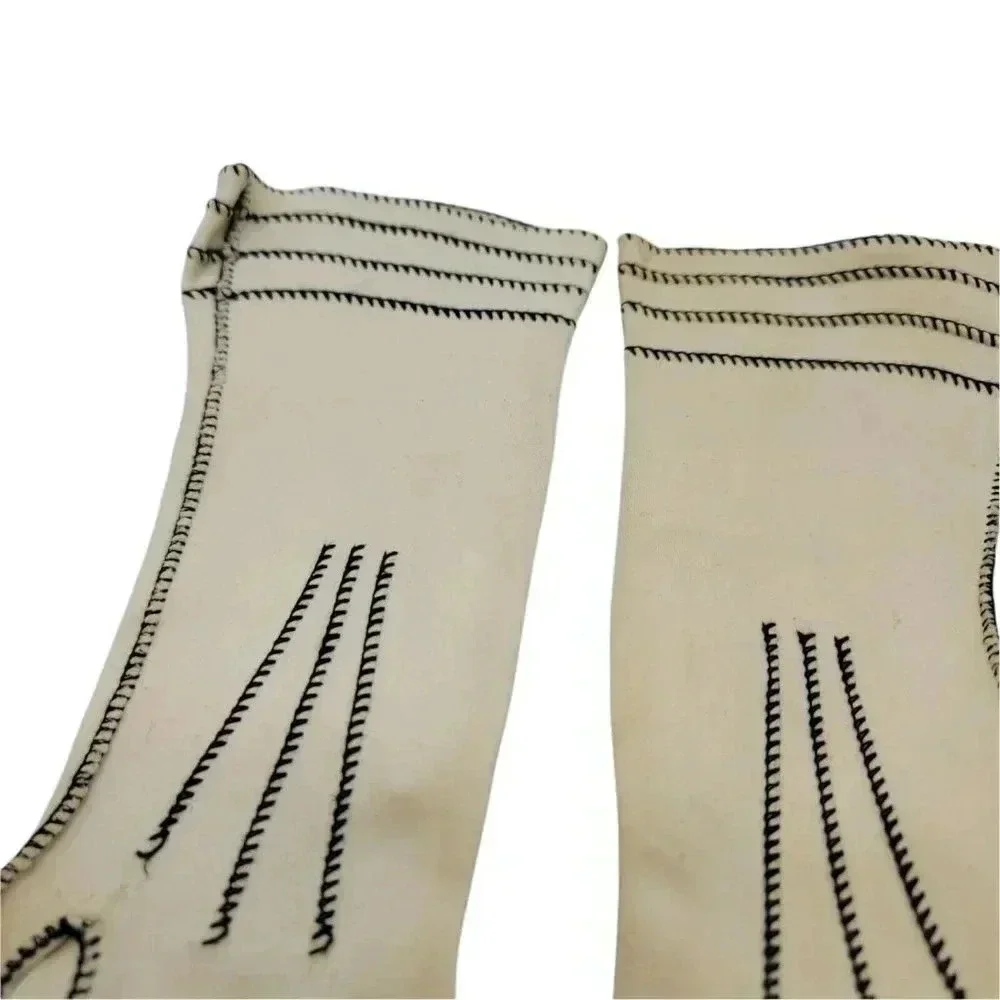 Beige Black Stitched Vintage Driving Gloves Cotton Womens Mid Century